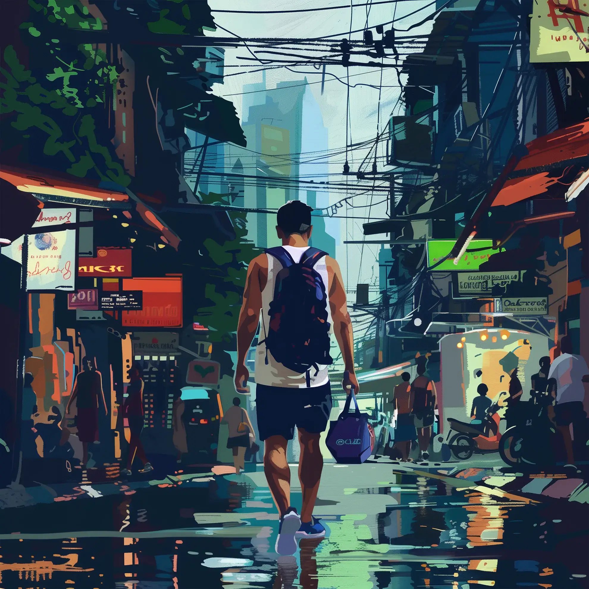 Một người đàn ông tự tin bước đi trên những con phố nhộn nhịp của Bangkok, năng lượng của thành phố phản chiếu qua màu sắc rực rỡ và sự phản chiếu của mặt đường ướt. 
Cảnh quan đô thị sống động với tinh thần võ thuật, biểu thị sự đón nhận lối sống BJJ của thành phố giữa nguồn gốc truyền thống của Muay Thái.