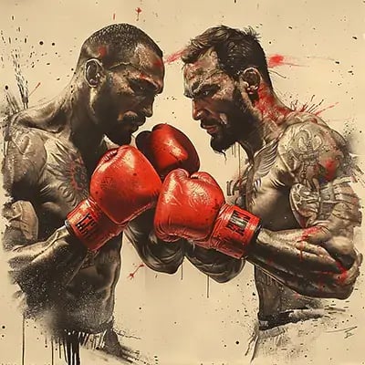 An illustration of two male boxers engaged in a close-range exchange, wearing red boxing gloves. The image captures a dynamic moment of impact, with visible expressions of intensity and focus. Splatters and smudges of red, evoking the idea of effort and struggle, adorn the background, adding a gritty atmosphere to the scene.