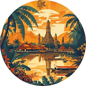 Tác phẩm nghệ thuật hình tròn minh họa mô tả khung cảnh truyền thống của Thái Lan với các yếu tố văn hóa võ thuật. 
Ở trung tâm, nổi bật là ngôi chùa Wat Arun nổi tiếng, hai bên là những hàng cọ tươi tốt và lối kiến ​​trúc đặc trưng của Thái Lan, phía sau là những ngọn núi. 
Phía trước là một chiếc thuyền nhẹ nhàng trôi trên dòng sông thanh bình, ghi lại nét tinh túy của di sản văn hóa và phong cảnh đẹp như tranh vẽ của Thái Lan.