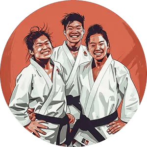 Ba judokas (jitsers) chia sẻ khoảnh khắc vui vẻ, tình bạn thân thiết rõ ràng qua nụ cười rạng rỡ và tư thế thoải mái. 
Mặc trang phục gis màu trắng truyền thống trên nền tông màu ấm, họ thể hiện tinh thần chào đón của võ đường. 
Hình ảnh này là minh chứng cho bầu không khí cá nhân và thân thiện đang chờ đợi tất cả những ai tham gia cộng đồng võ thuật của chúng tôi.