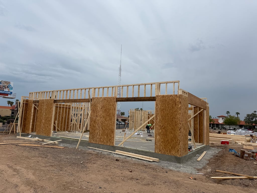 Wood-framed commercial building under construction