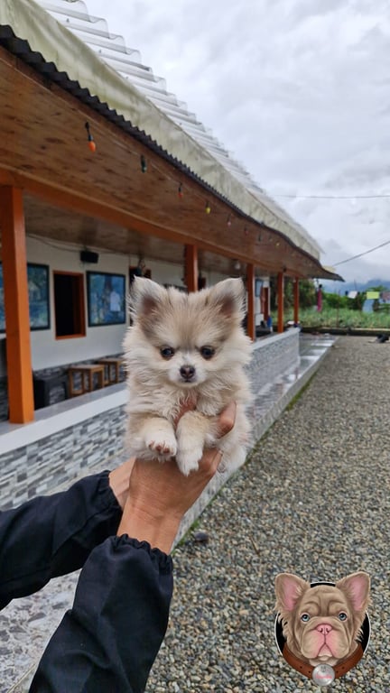 Cachorro Pomsky beige sostenido en brazos frente a una terraza