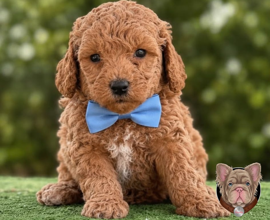 Cachorro Caniche sentado sobre cesped con moño azul