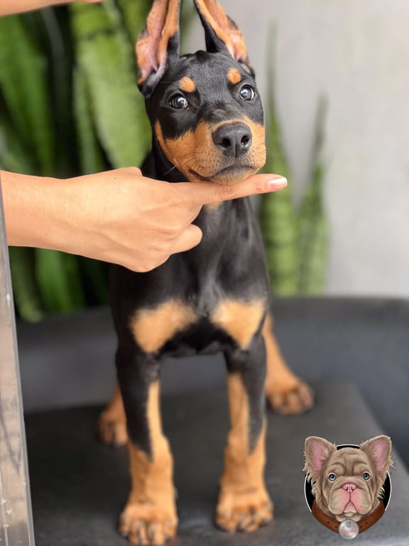 Cachorro Doberman negro y fuego en primer plano