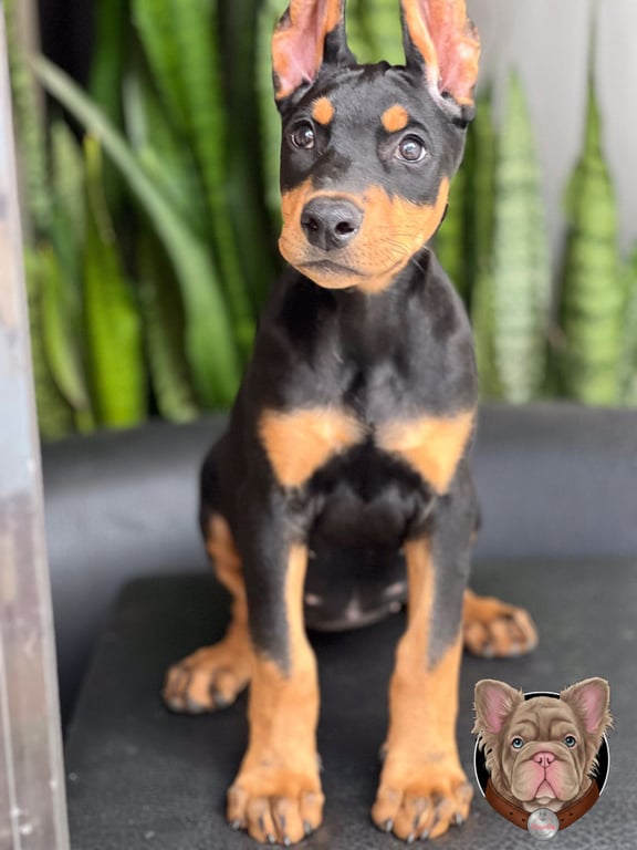 Cachorro Doberman negro y fuego sentado mirando hacia arriba