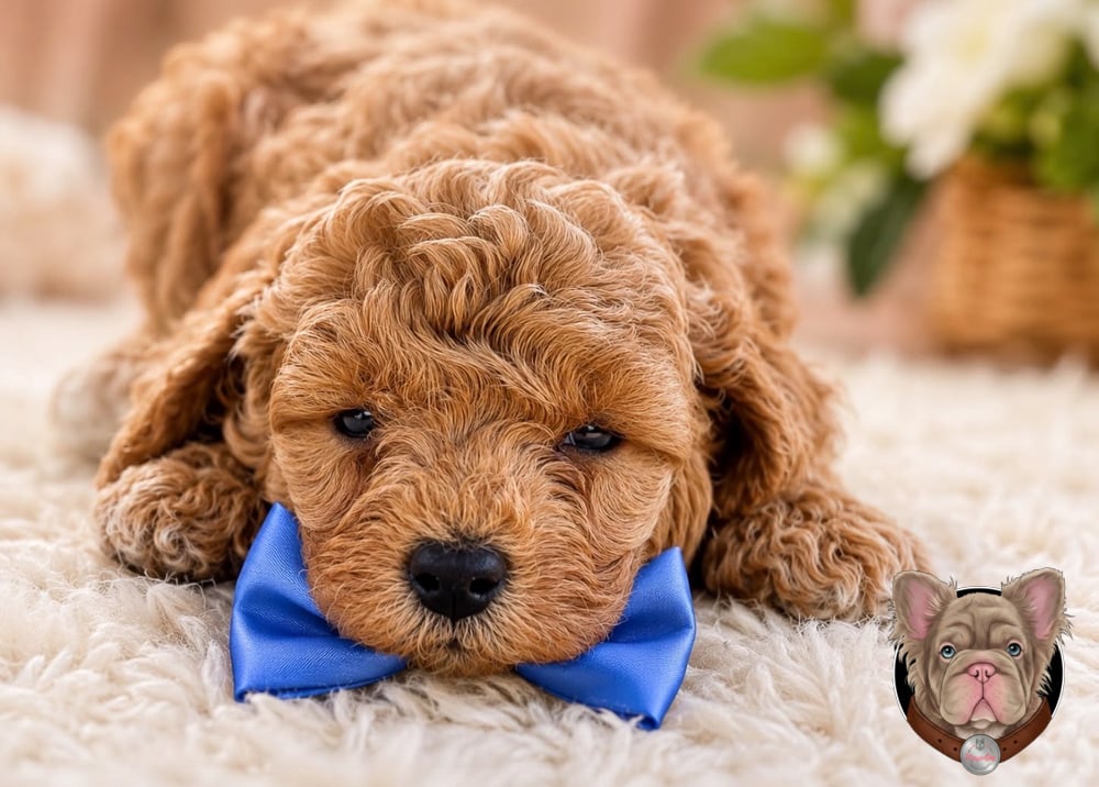 Cachorro Poodle recostado con moño azul mirando a camara