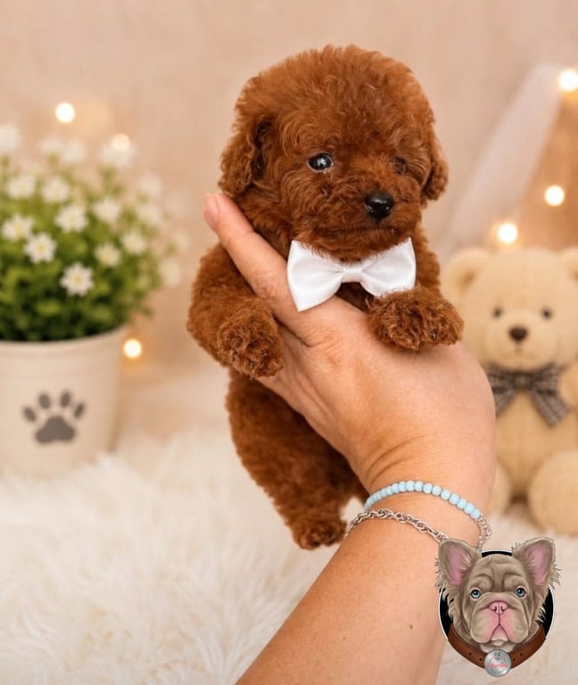 Cachorro Caniche sostenido en brazos con moño blanco
