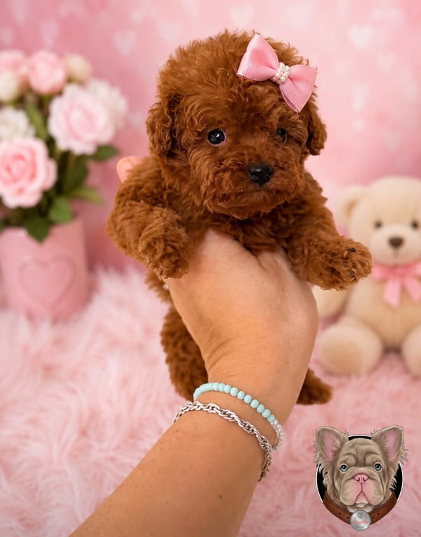 Cachorro Caniche sostenido en brazos sobre fondo floral rosado