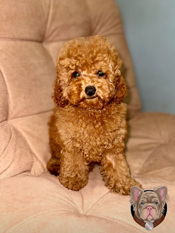 Cachorro Poodle sentado sobre sofa en interior
