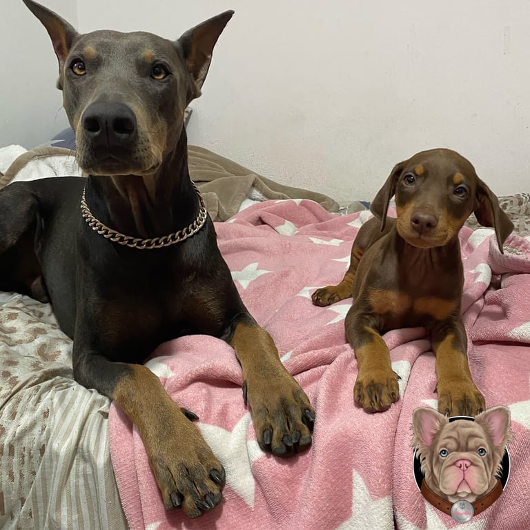 Doberman adulto y cachorro juntos sobre una manta rosada