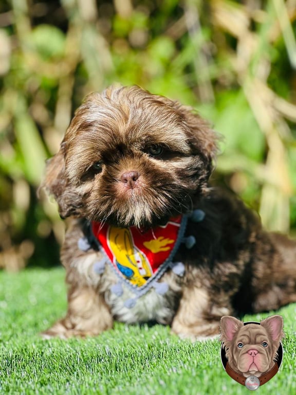 Cachorro Shih Tzu de manto dorado y negro con pañoleta sentado sobre pasto sintético