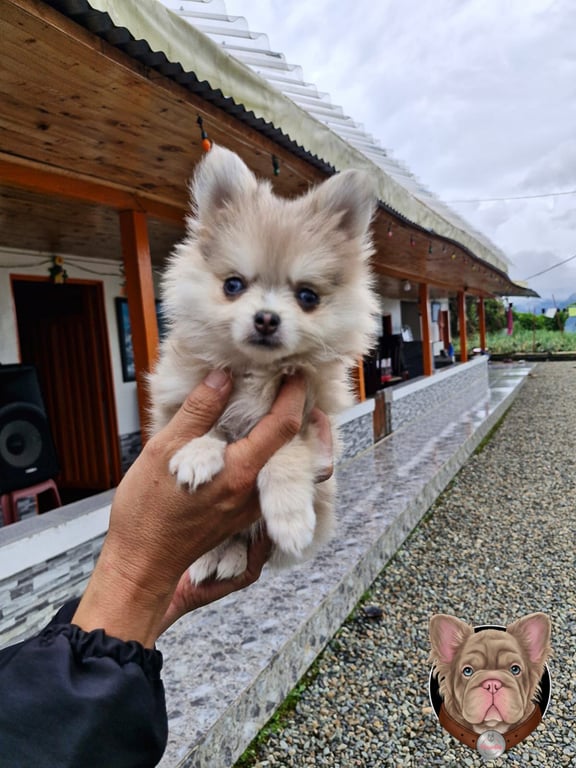 Cachorro Pomsky beige de manto abundante sostenido en brazos