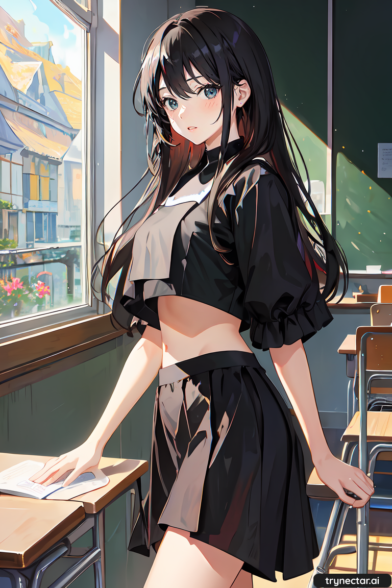 22 year old anime woman in a classroom with sunlight hitting her body