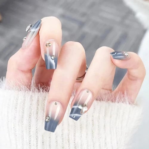 Secret Lives glossy transparent bottom artificial fake false blueish grey with 3D studs press on nails 24 pieces with kit
