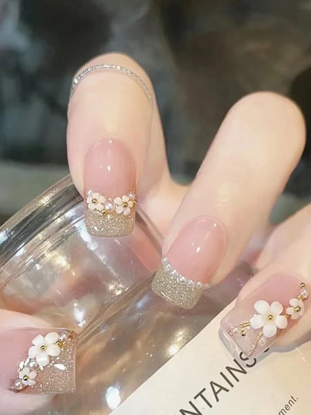 Secret Lives acrylic fake reusable false artifical press on nails translucent pink color with silverish golden glitter 3D flowers and pearl design 24 pieces with kit