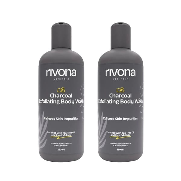 Rivona Naturals Charcoal Exfoliating Body Wash & Scrub | Rice Powder + Activated Charcoal | Cleansing and Exfoliating | For Men & Women |All Skin types | 250 ml (Pack 2)