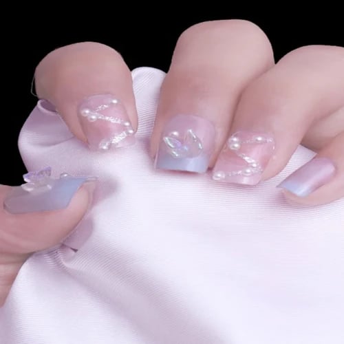 Secret Lives artifical acrylic fake false reusable press on nails translucent pink & blue color with 3D butterfly & silver glitter white pearls 24 pieces with kit