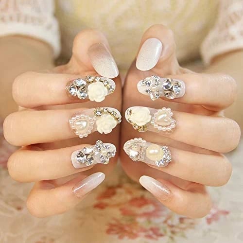 Secret Lives® acrylic press on nails designer artifical nails extension white color and 3d cream flower with silver crystals white pearls cream flower design 24 pieces set with glue sheet