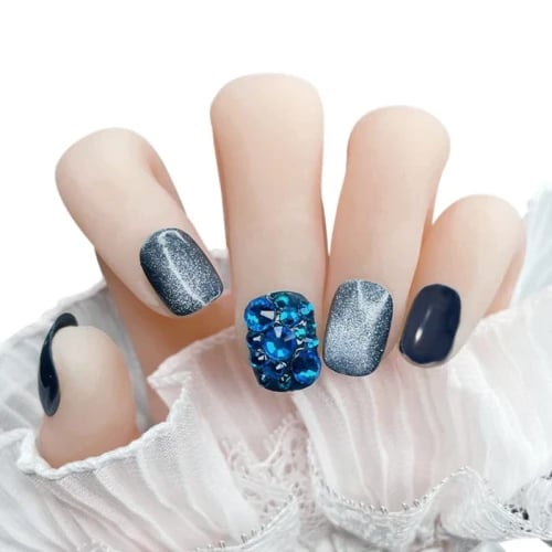 Secret Lives® acrylic designer cats eye artificial extension fake false press on nails blue short 3D blue 24 pieces set with manicure kit