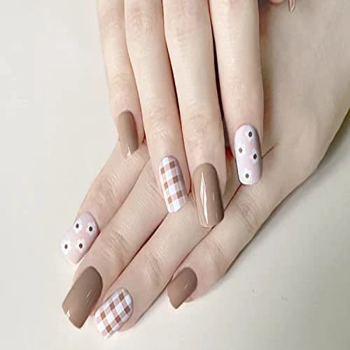 Secret Lives® acrylic press on nails artifical designer fake nails extension light brown combo with check and flower design 24 pieces set with kit