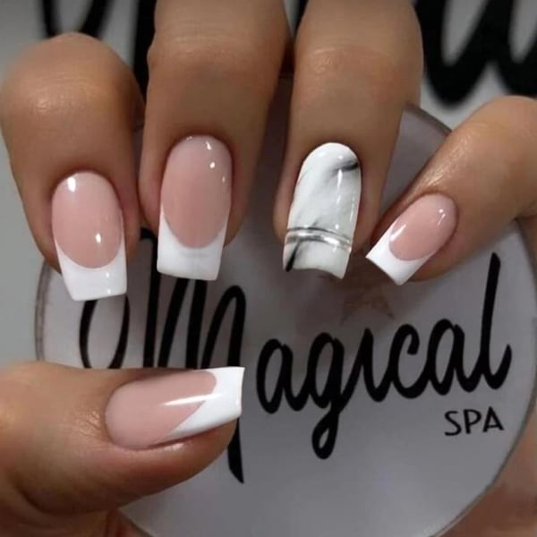 Secret Lives artificial fake false skin color white tips with white black designs press on nails 24 pieces with kit