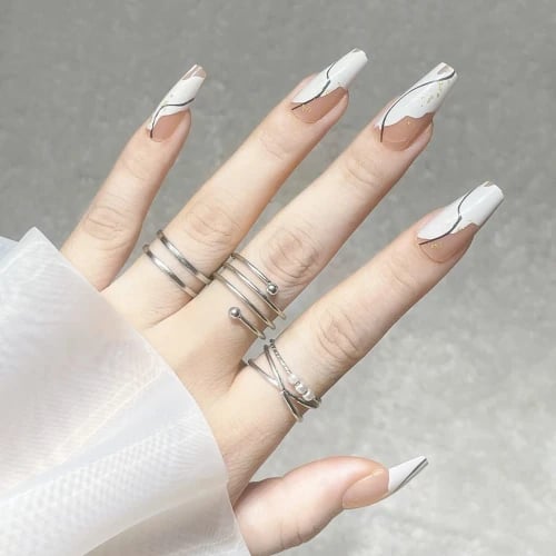 Secret Lives® acrylic press on nails designer artifical nail extension semi transparent pink bottom white & blue tips with golden glitter design 24 pieces set with kit