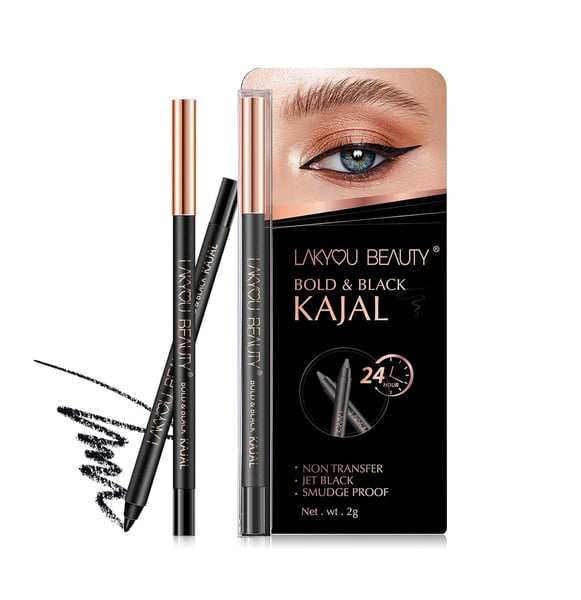 Lakyou Beauty Bold And Black Kajal pencil | 24Hrs Stay | Non Transfer | Jet Black | Smudge Proof | 2g