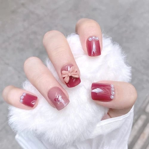 SECRET LIVES® acrylic press on nails designer artifical reuseable extension beautiful fake nails shades of cherry color with 3Dbow & heart design & white pearls