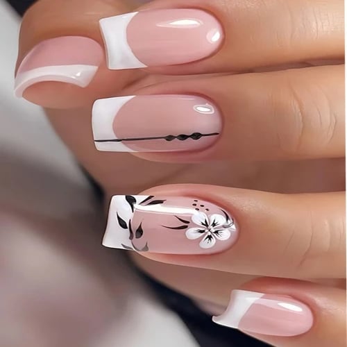 Secret Lives acrylic fake reusable false artifical press on nails french nails with white flower & black leaves design 24 pieces with kit