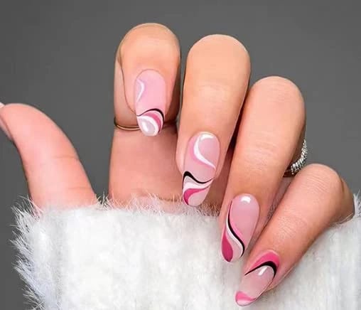 Secret Lives® acrylic press on nails artificial fake false nails extension pink with black and white stripes design 24 pieces set with glue sheet