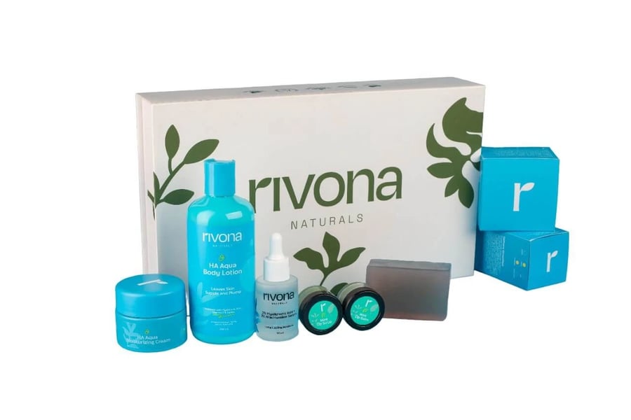 Rivona Naturals Blue & Dew Gift Set: Hyaluronic Acid Serum, Aqua Face Cream, Body Lotion, Mint Lip Balm & Scrub, Ocean Blue Soap - Birthday Edition