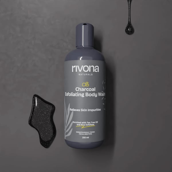 Rivona Naturals Charcoal Exfoliating Body Wash & Scrub | Rice Powder + Activated Charcoal | Cleansing and Exfoliating | For Men & Women |All Skin types | 250 ml