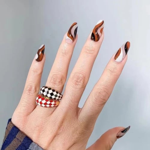 Secret Lives glossy artificial fake false press on nails nude brown curve design with white & black color 24 pieces with kit