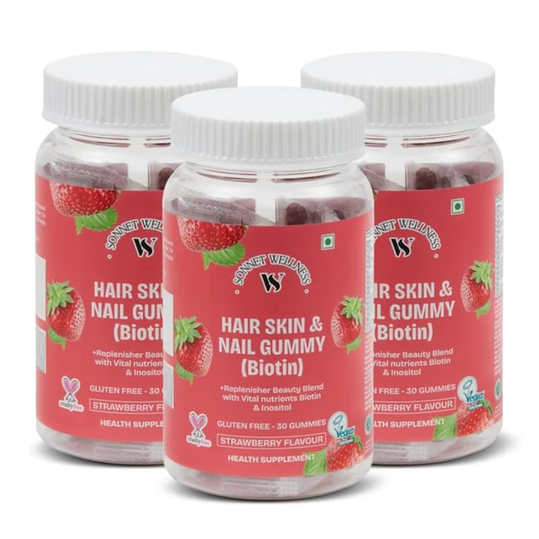 Sonnet Wellness Biotin Gummies | Thick & Smooth Hair | Stronger Nails | Healthy Glowing Skin | Biotin | Zinc | Vitamin B12 | Vitamin B6 | Gluten Free | Soy Free | 30 Gummies | Pack of 3