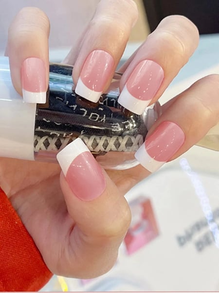 Secret Lives glossy artifical fake false press on nails glossy pink with white tips 24 pieces set with kit
