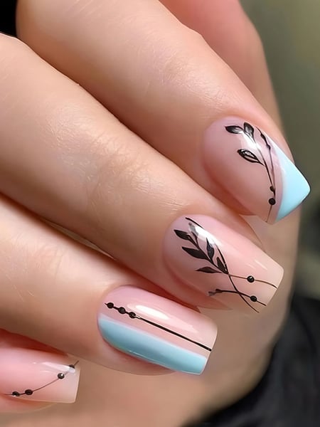 Secret Lives acrylic fake false artifical press on nails black leaves design with pink & black color with glue sheet