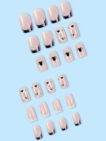 Secret Lives glossy artifical fake false press on nails pink and black color combo 24 pieces set with kit
