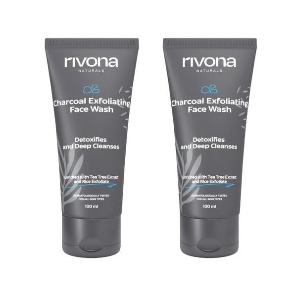 Rivona Naturals Charcoal Exfoliating Face Wash with Scrub | Rice Powder + Activated Charcoal | Cleansing and Exfoliating | For Men & Women | All Skin types | 100 ml (Pack 2)