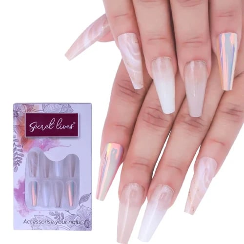 Secret Lives® long acrylic press on nails designer long artifical extension beautiful fake nails glossy white and skin with golden glitter with metalic skin with kit