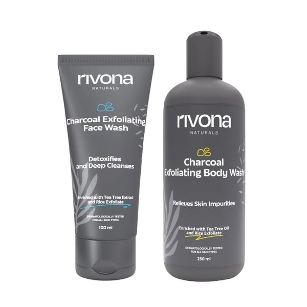 Rivona Naturals Charcoal Fresh Detox Duo | Combo pack of 2 | Charcoal Exfoliating Body Wash & Scrub 250 ml + Charcoal Exfoliating Facewash with Scrub 100 ml | For Men & Women |All Skin types