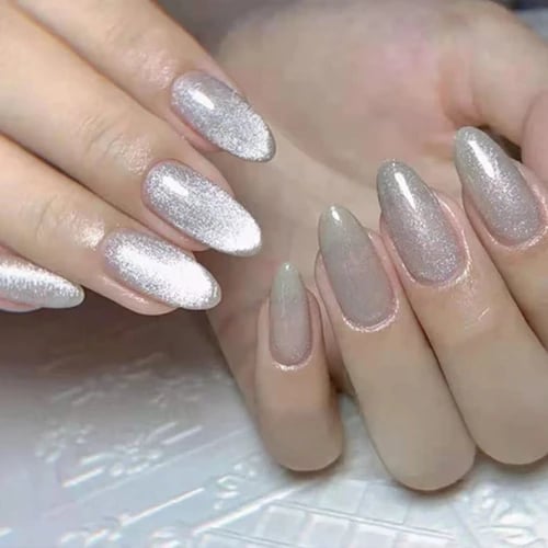 Secret Lives® designer cats eye artificial nails extension curve shape greyish brown fake nails design 24 pieces set with manicure kit