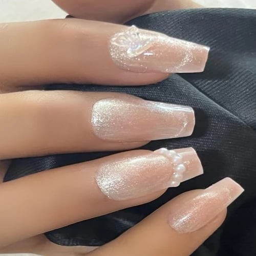 Secret Lives glossy cats eye artificial translucent pink color with 3D white butterfly & pearls fake false press on nails 24 pieceswith kit