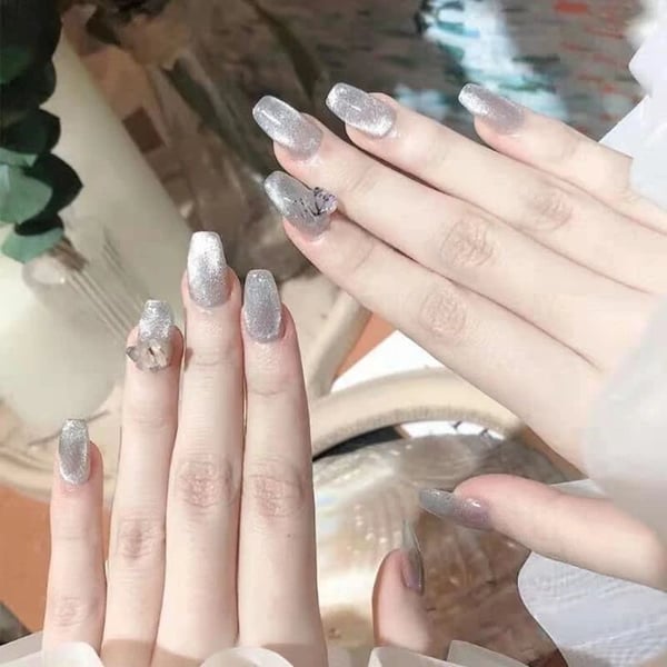 Secret Lives® designer cats eye artificial fake false nails press on nails extension square grey brown color with 3D butterfly design 24 pieces set with manicure kit