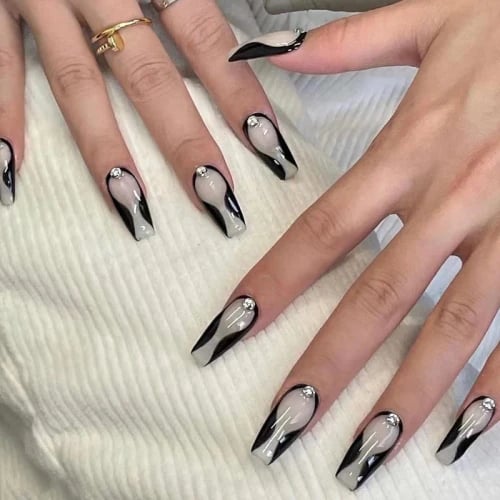 Secret Lives gloss artificial fake false press on nails black curve design with stud 24 pieces set with kit