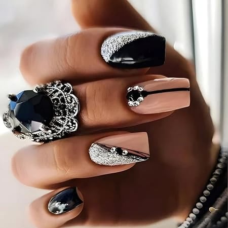 Secret Lives artificial fake false skin and black color combo with silver gliter with silver glitter 3D studs press on nails 24 pieces with kit