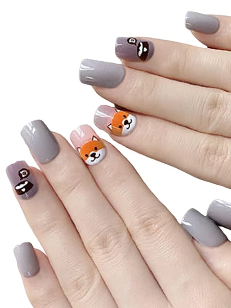 Secret Lives acrylic press on nails artifical false extension grey glossy color with cute pub design 24 pieces set with glue sheet stickers