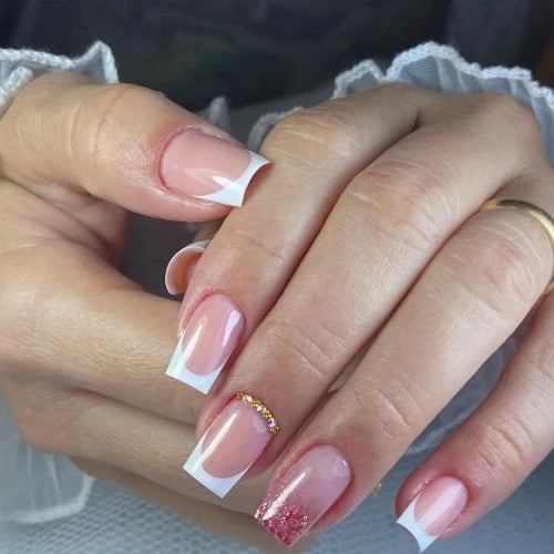 Secret Lives glossy artificial fake false press on nails french glitter with pearls design combo 24 pieces set with kit