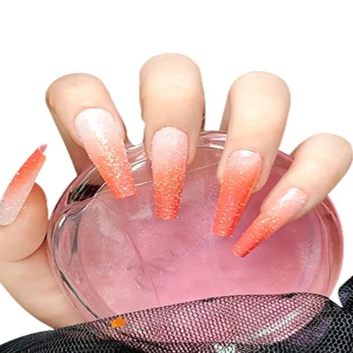 Secret Lives® artificial fake false press on nails extension designer long gloss orange with glitters 24 pieces set with glue sheet