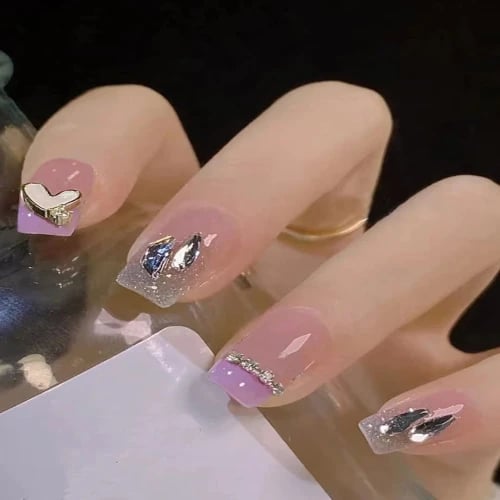 Secret Lives® acrylic press on nails translucent artifical designer fake nails extension glossy light pink mauve with 3D heart studs crystals 24 pieces set with manicure kit