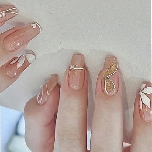 Secret Lives glossy artifical fake false press on nails nude brown color 3d pearls & white flower design 24 pieces set with kit